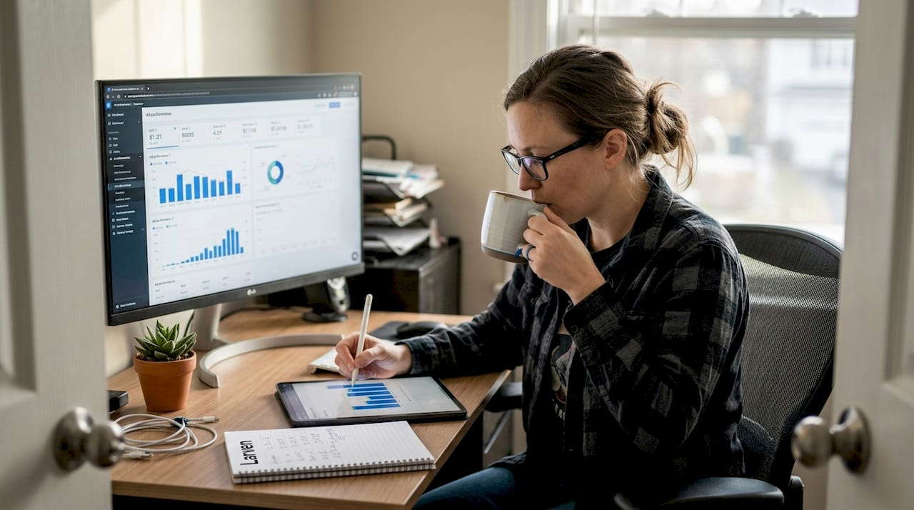 Marketer uses AI ad dashboard in home office
