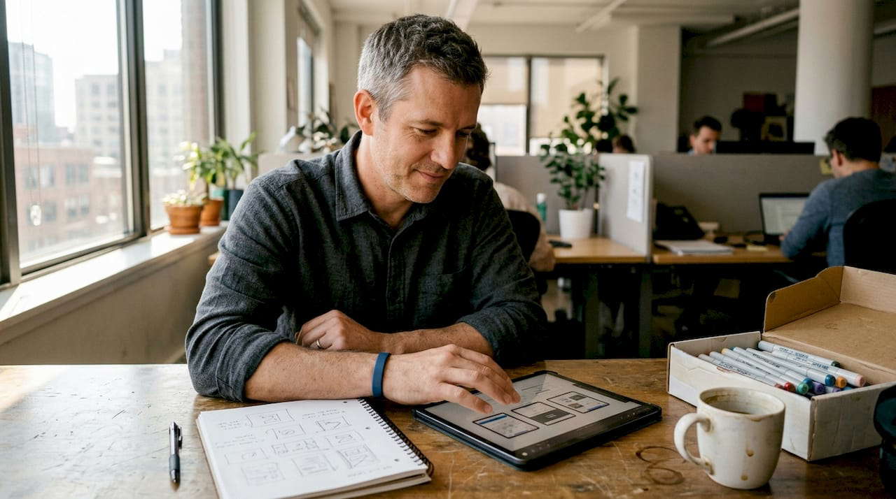 Creative strategist using AI content tools at desk