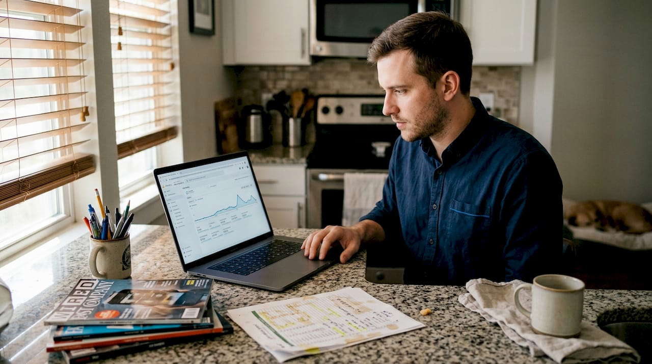 Marketing analyst tracking campaign on kitchen counter